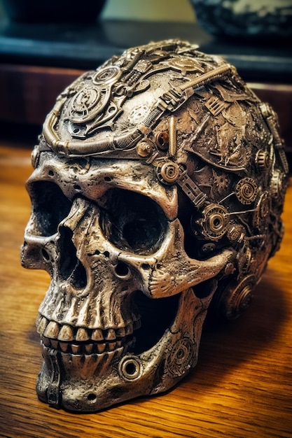 Close up of skull on wooden table with clock on it Generative AI