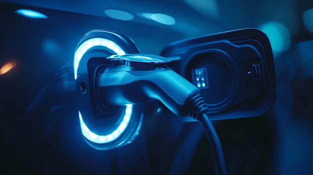 Photo close up of a sleek ev charging plug showcasing its advanced and high tech design