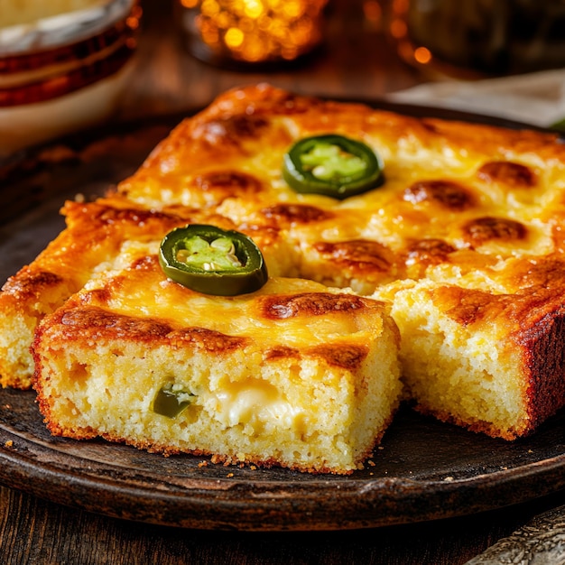 Photo close up of a slice of cheesy cornbread with jalapenos