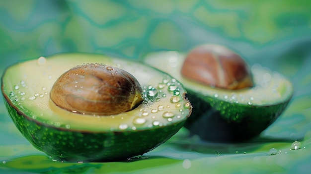 Close Up Slice Cut Off Half Avocado in Water Flying With Water Splashing in Mid Air in High Speed