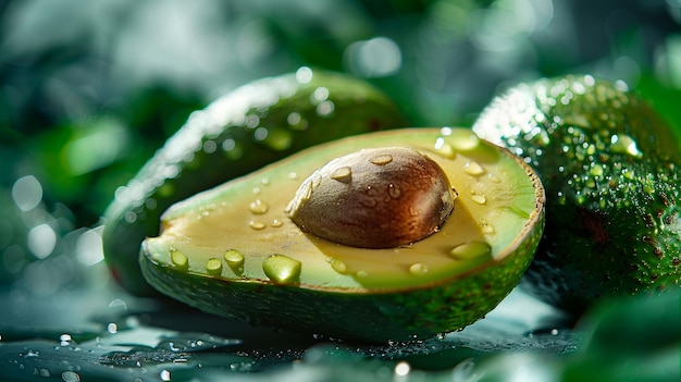 Close Up Slice Cut Off Half Avocado in Water Flying With Water Splashing in Mid Air in High Speed