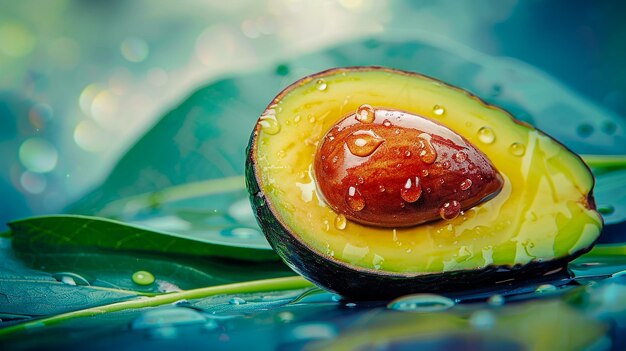 Close Up Slice Cut Off Half Avocado in Water Flying With Water Splashing in Mid Air in High Speed