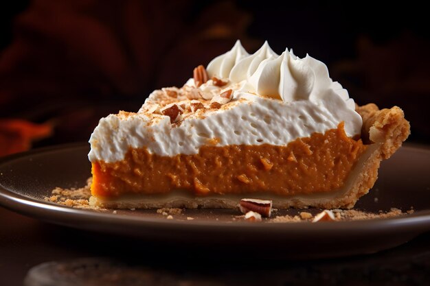 close up of a slice of pumpkin pie with whipped cream