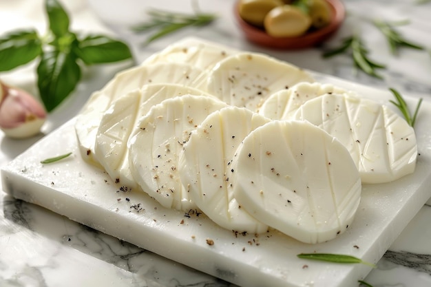 Photo close up of sliced cheese on cutting board