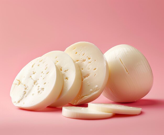 Photo close up of sliced cheese on pink background