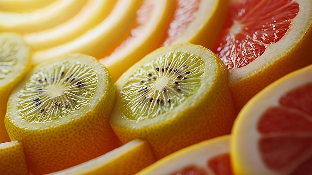 Photo close up of sliced citrus fruits including a kiwi lemon and grapefruit with a soft focus background