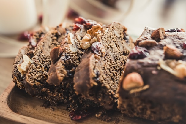 Close up of sliced delicious homemade low sugar dried fruit cake