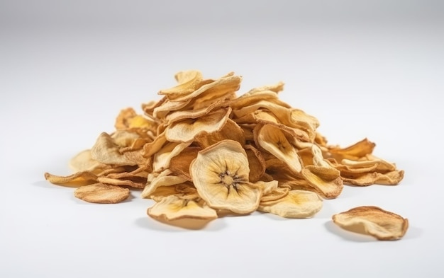 A close up sliced dried banana chips on a white background ai generated