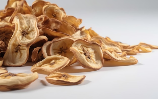 A close up sliced dried banana chips on a white background ai generated