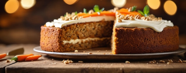 Close up of sliced layered carrot cake with cream cheese frosting sprinkled nuts and carrot slices