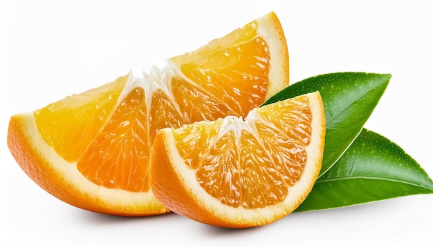 a close up of a sliced orange with a green leaf