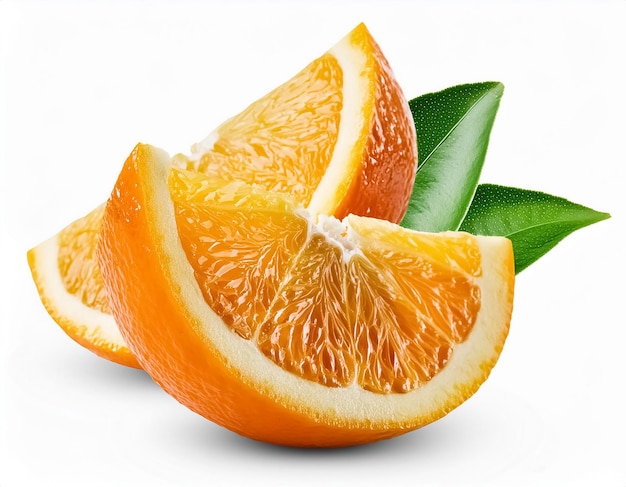 a close up of a sliced orange with green leaves