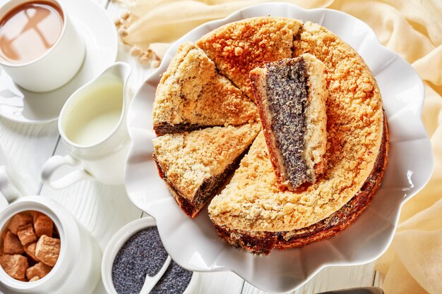 Close-up of sliced Poppy Seed Crumble Cheesecake