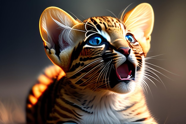 close up of a small frightened leopard cub is meowing or roaring on a transparent background png