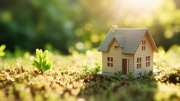 A close up of a small home model on green