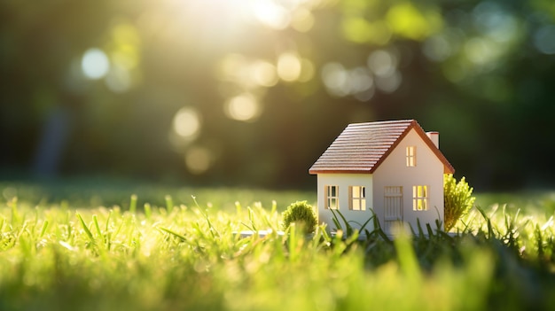 A close up of a small home model on green