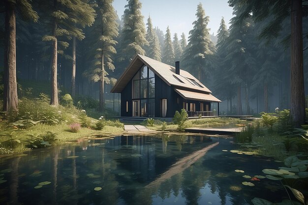 Photo a close up of a small house in a forest with a pond generative ai