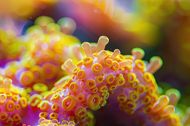 Close up of small polyps on Montipora coral in marine tank