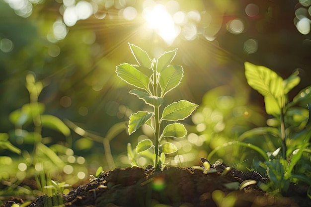 close up of small tree growing with sunshine in garden eco concept hope