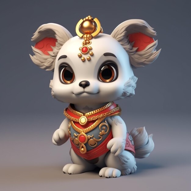 A close up of a small white dog wearing a red and gold outfit generative ai