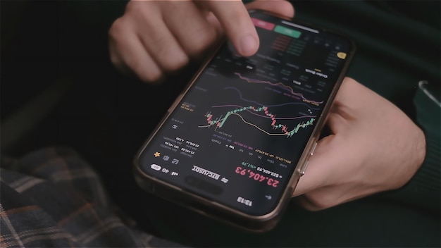 Close up smartphone with stock market graph on touch screen with hands scrolling checking stock