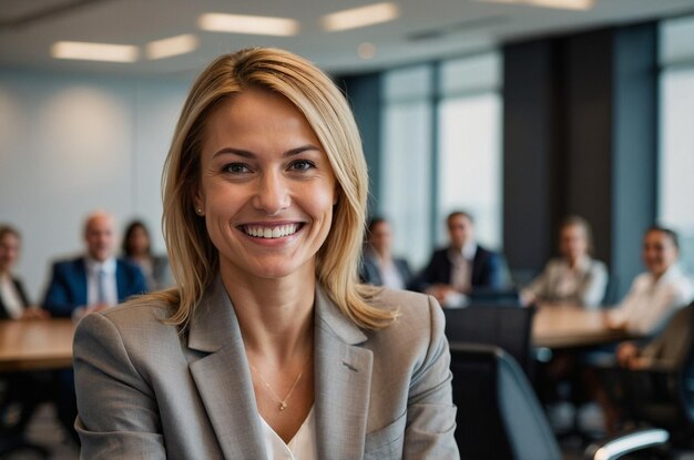 Close up smiley businesswoman in a conference room