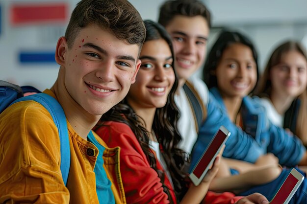 Close up smiley students with devices