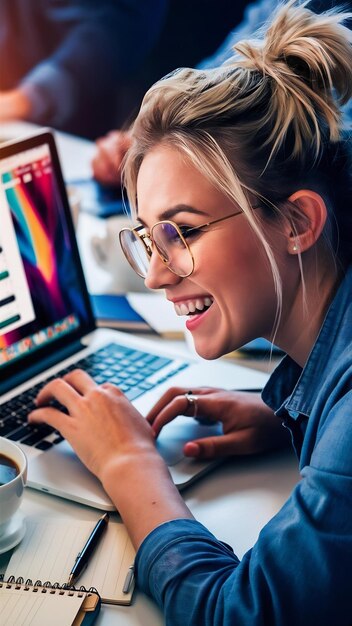 Close up smiley woman working on laptop