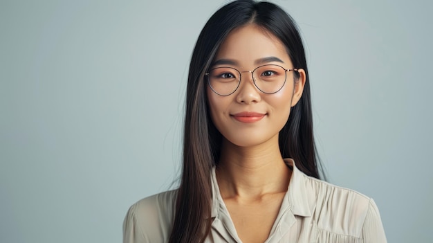 Close up Smiling Asian female teacher with glasses on a light grey background copy space