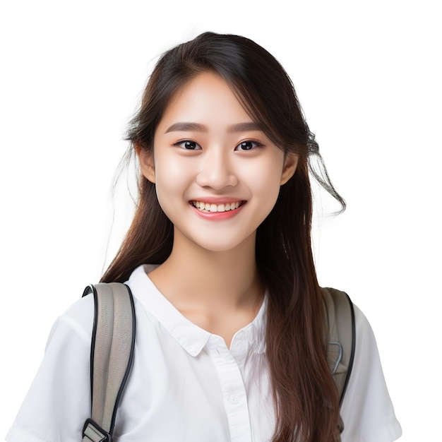 Close Up of a Smiling Asian Female University Student Isolated on a white Background Girl Life