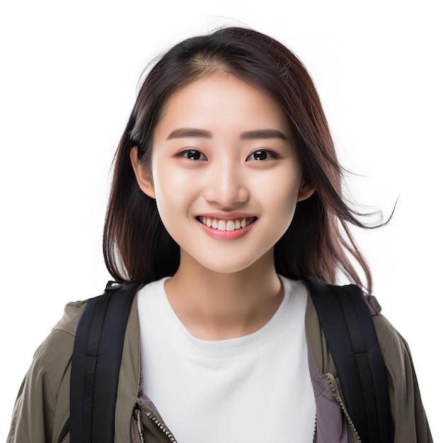 Close Up of a Smiling Asian Female University Student Isolated on a white Background Girl Life