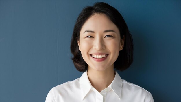 Close up of a smiling asian woman in white shirt