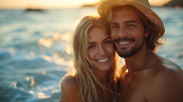 Close up of a smiling beautiful young couple embracing while standing at the beach