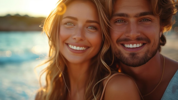 Close up of a smiling beautiful young couple embracing while standing at the beach