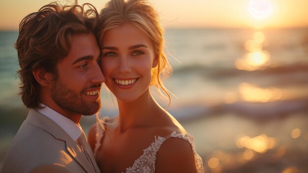 Close up of a smiling beautiful young couple embracing while standing at the beach