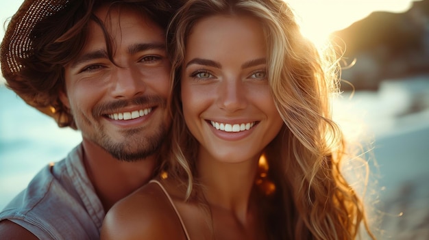 Close up of a smiling beautiful young couple embracing while standing at the beach