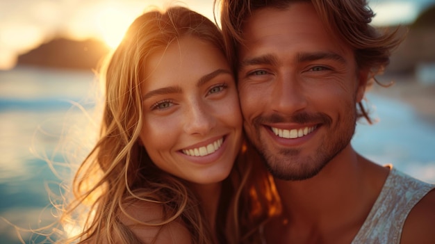 Close up of a smiling beautiful young couple embracing while standing at the beach