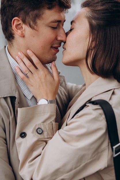 Close up of a smiling beautiful young couple in Paris