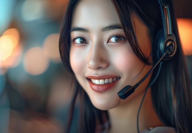 Close up of a smiling female customer service or support worker wearing a headset in an office