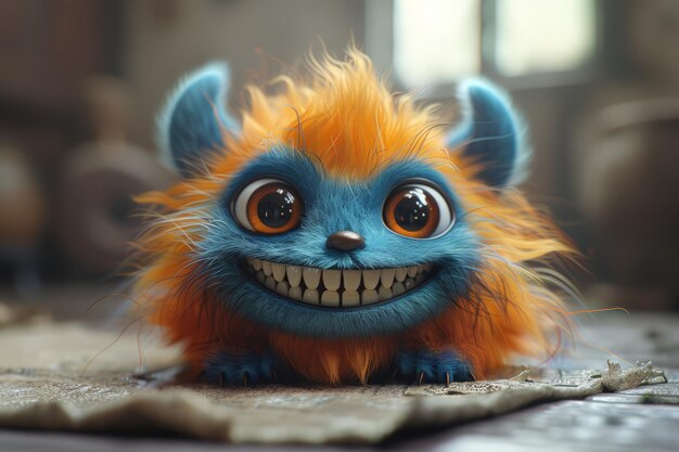 Close Up of Smiling Fluffy Stuffed Monster on Table