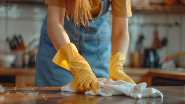 Photo close up of smiling housewife in yellow gloves cleaning table with cloth high quality image