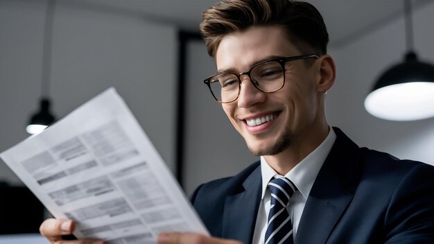 Close up of smiling young businessman looking at document