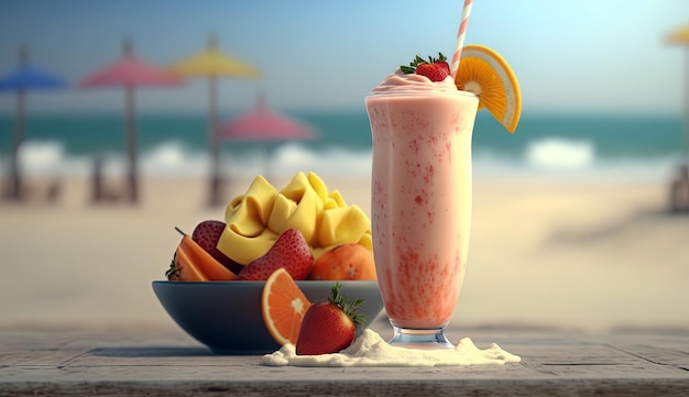 Close up of smoothie frappe fruits juice with other fruits on wooden background with Generative AI