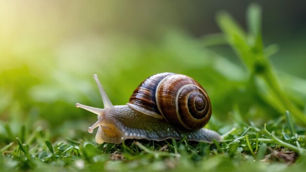 Close up of a snail gliding through green grass