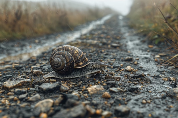 Close up of snail in natural habitat showcasing textured shell