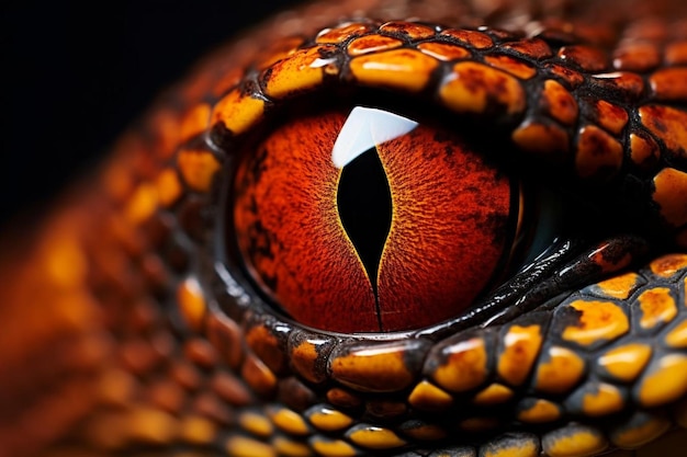 A close up of a snake on a black background with a white circle