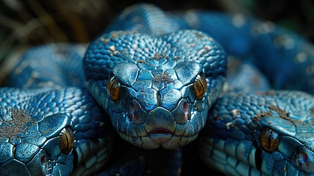 a close up of a snake with blue eyes and a blue body