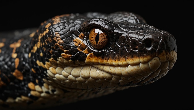 a close up of a snake with an orange eye and brown eyes