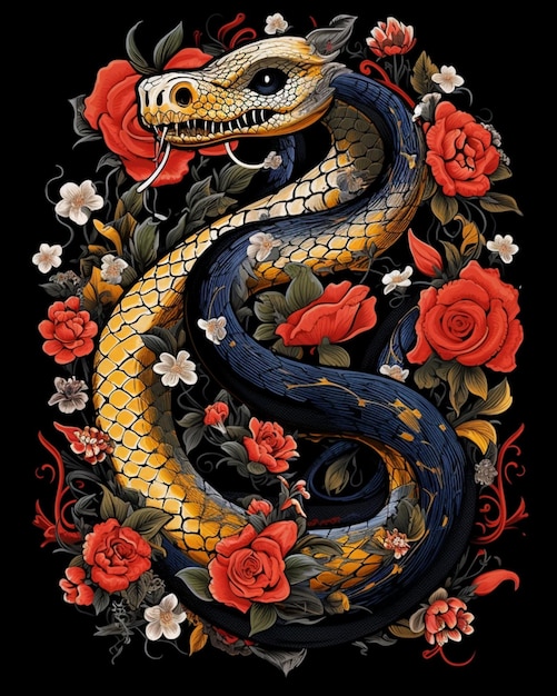 A close up of a snake with roses and leaves on a black background generative ai