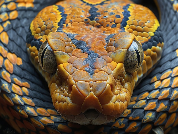 a close up of a snake with a yellow and blue body and a black and blue body